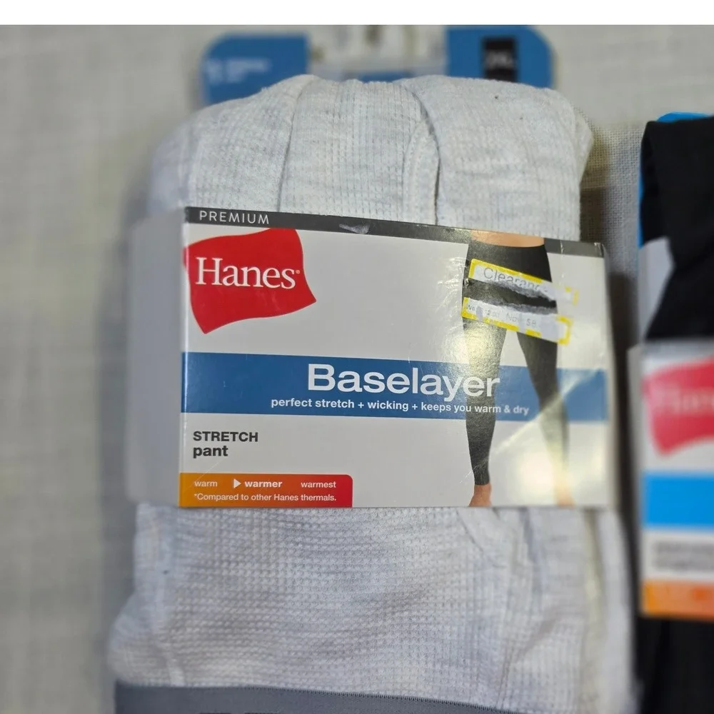 Hanes Premium Baselayer Mens 2XL Set Black Long Sleeve Top White Stretch Pants